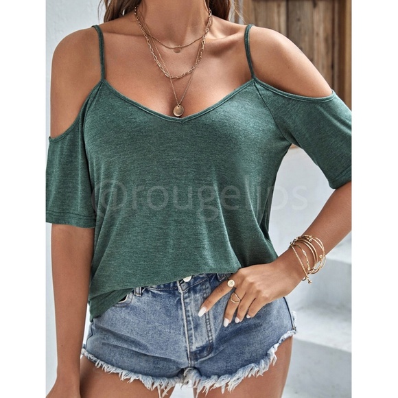 Green Casual Tee Shirt Cold Shoulder Short Sleeve - Picture 10 of 12